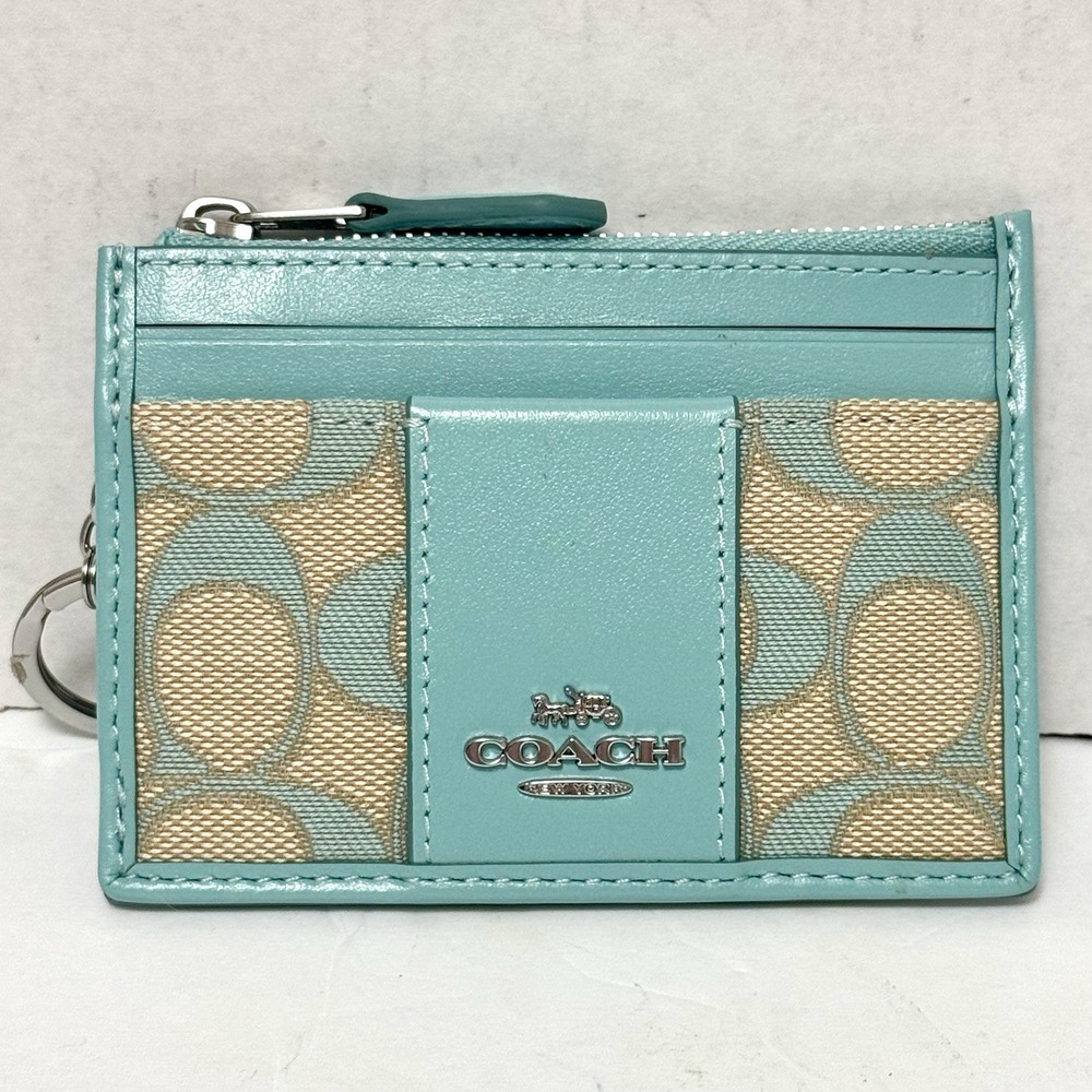 New COACH CT994 Mini Skinny Id Card Case In Signature Jacquard Silver/Faded Blue - Picture 2 of 9